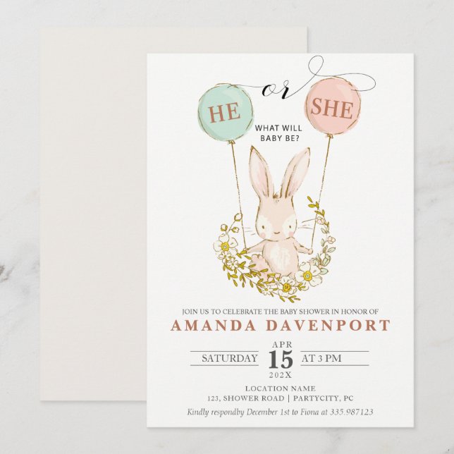 Invitation Son ou elle Bunny Balloons genre révéler l'invitat (Devant / Derrière)