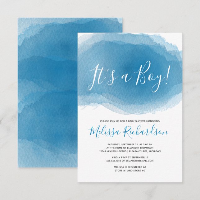 Invitation SON UN GARÇON Baby shower Aquarelle Bleue Abstrait (Devant / Derrière)