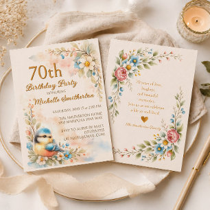 Invitation Songbird Spring Aquarelle Florale 70e Anniversaire