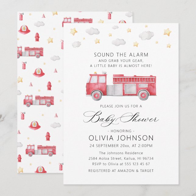 Invitation Sonnez le Baby shower de pompier du camion d'alarm (Devant / Derrière)