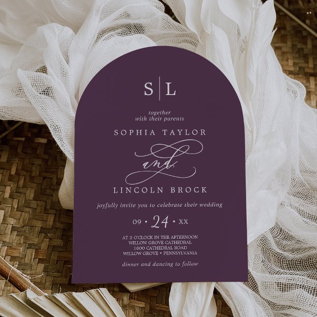 Invitation SOPHIA Arch Moody Plum foncé Formal Elégant Mariag (SOPHIA Arch Moody Dark Plum Formal Elegant Wedding Invitation)