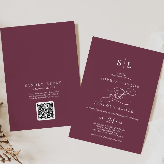 Invitation SOPHIA QR Code Automne Maroon Rouge Tout en un Mar (SOPHIA QR Code Fall Maroon Red All In One Wedding Invitation)