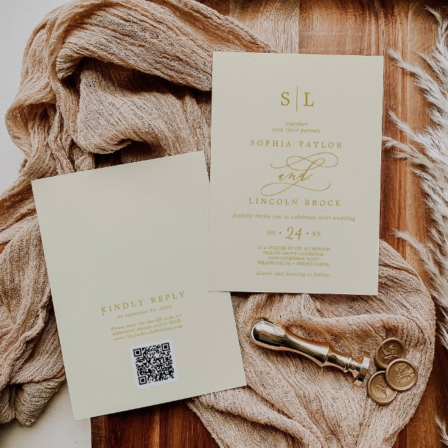 Invitation SOPHIA QR Code Beurre Jaune Tout en un Mariage (SOPHIA QR Code Butter Yellow All In One Wedding Invitation)
