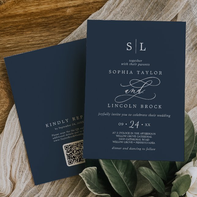 Invitation SOPHIA QR Code Bleu foncé Moderne Tout en un Maria (SOPHIA QR Code Dark Blue Modern All In One Wedding Invitation)