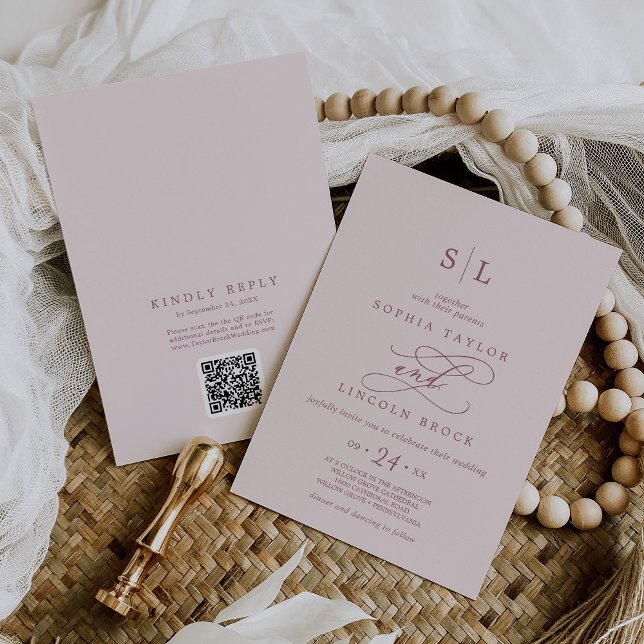 Invitation SOPHIA QR Code Burgundy Blush tout en un Mariage (SOPHIA QR Code Burgundy Blush All In One Wedding Invitation)