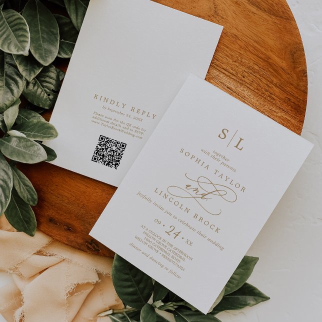 Invitation SOPHIA QR Code Or et blanc tout en un Mariage (SOPHIA QR Code Gold and White All In One Wedding Invitation)