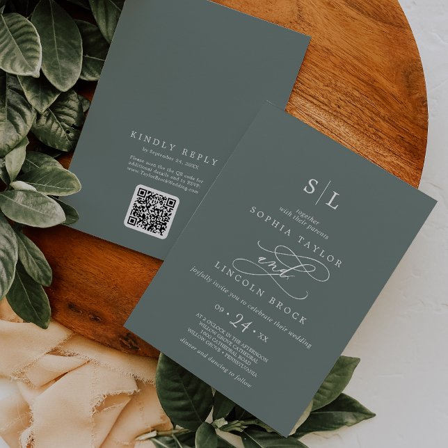 Invitation SOPHIA QR Code Tropical Vert Tout en un Mariage (SOPHIA QR Code Tropical Green All In One Wedding Invitation)