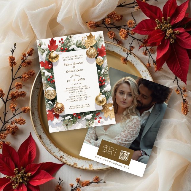 Invitation Sophistated Colorful Christmas Botanical & Floral (Sophisticated Colorful Christmas Botanical and Floral Frame Wedding Invitations Cards with Back QR.)