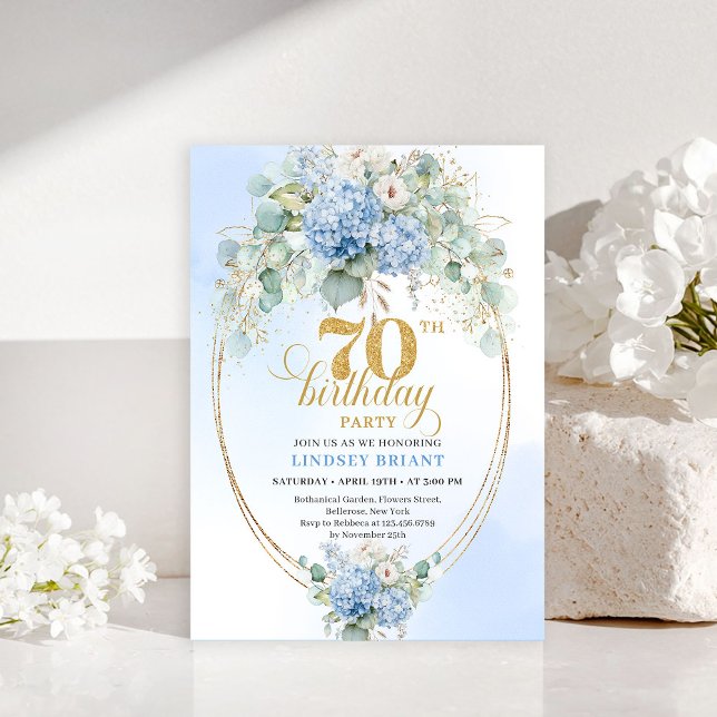 Invitation Sophisticated 70th Birthday Blue Hydrangea Invite (Sophisticated 70th Birthday Blue Hydrangea Invitation)