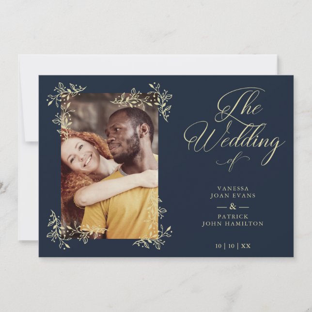 Invitation Sophisticated Elegant Flourish Navy Photo Wedding (Devant)