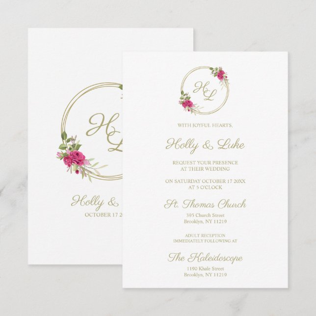 Invitation Sophisticated Elegant Pink Floral Wedding Wreath (Devant / Derrière)