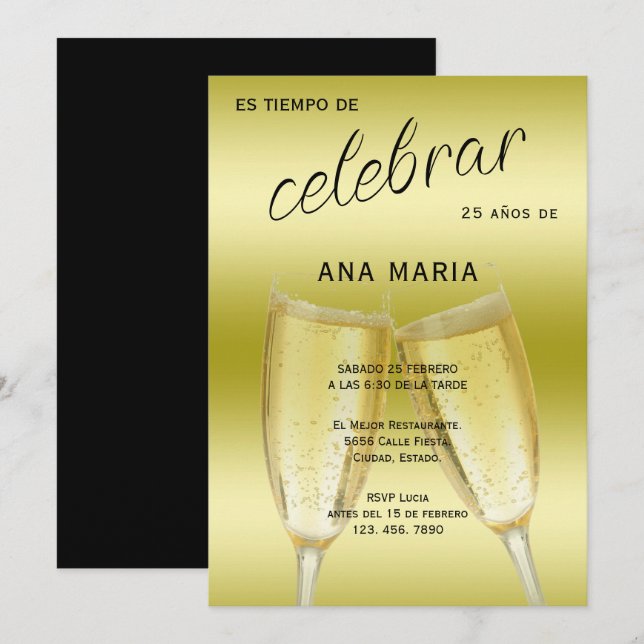 Invitation Sophisticated Gold Spanish Feminine Birthday  (Devant / Derrière)