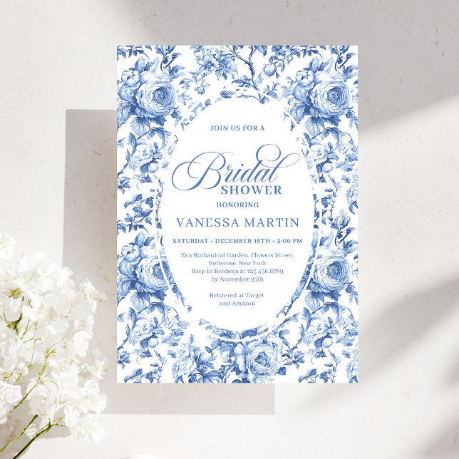 Invitation Sophisticated Navy Toile Rose Bridal Shower Invite (Sophisticated Navy Toile Rose Bridal Shower Invite)