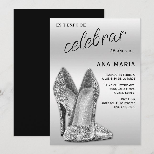 Invitation Sophisticated Silver Spanish Feminine Birthday  (Devant / Derrière)