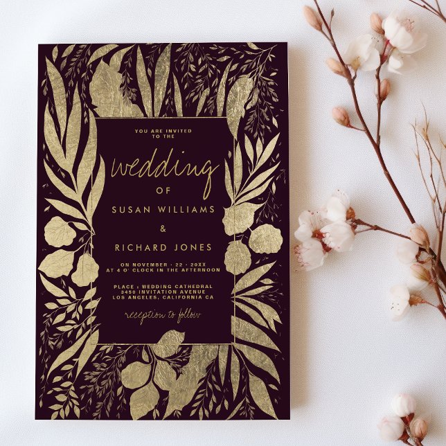 Invitation Sophistiqué mariage floral feuillage doré bordeaux (Sophisticated burgundy gold foliage floral wedding)