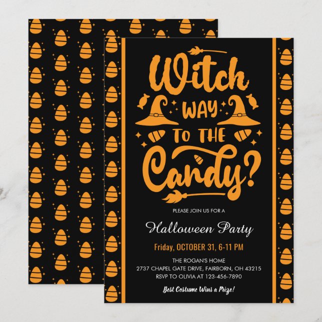 Invitation Sorcière À La Fête D'Halloween Candy (Devant / Derrière)
