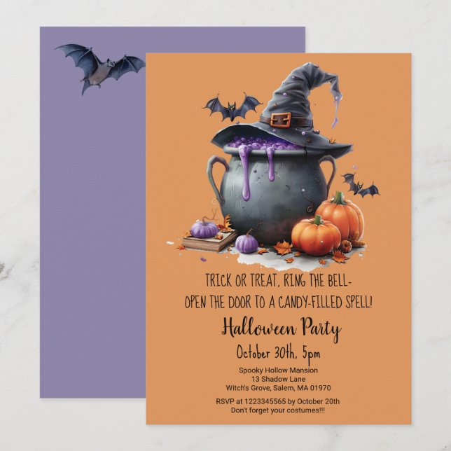 Invitation Sorcière Brew Trick ou Traiter Citrouille Hallowee (Devant / Derrière)