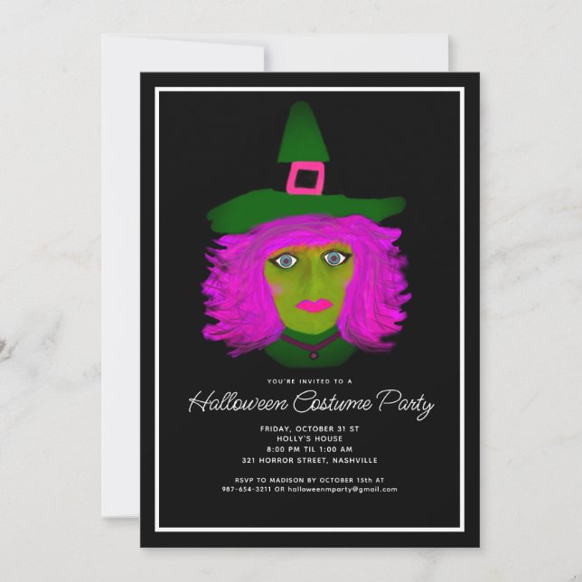 Invitation Sorcière de la fête du costume d'Halloween pour ad (Devant)