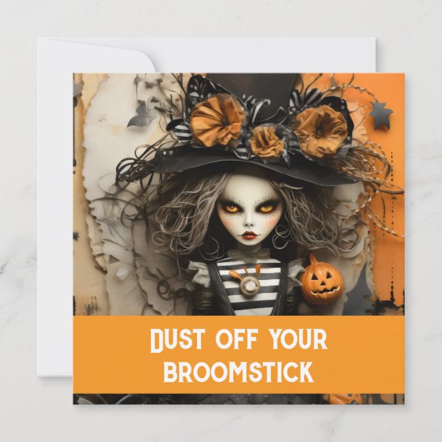 Invitation Sorcière d'Halloween avec citrouilles (Devant)