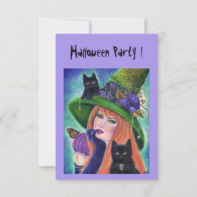 Invitation Sorcière d'Halloween avec des chats noirs invitati (Devant)