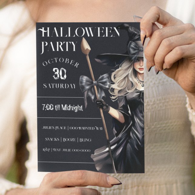 Invitation Sorcière d'Halloween en noir (Halloween party you customize with witch and black satin bows for spooky season. )