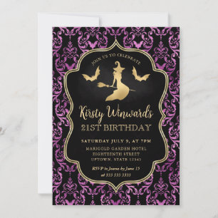 Invitation Sorcière d'or et chauves-souris Damask 21e anniver