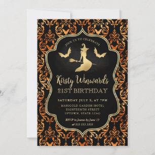 Invitation Sorcière dorée et chauves-souris Damassé 21e anniv