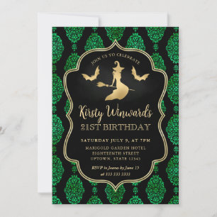 Invitation Sorcière dorée et damas d'Halloween pour 21e anniv