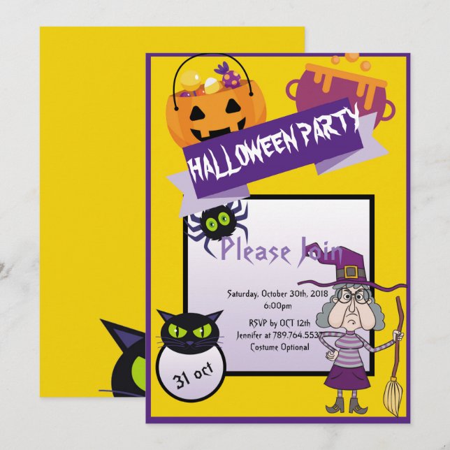 Invitation sorcière drôle chatte citrouille mignonne fête d'H (Devant / Derrière)