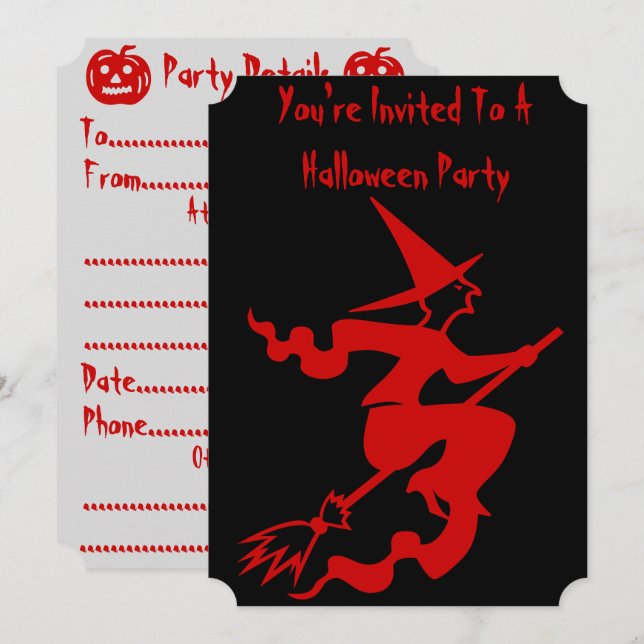 Invitation sorcière éffrayante d'halloween sur broomstick (Devant / Derrière)