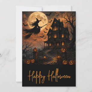 Invitation Sorcière effrayante d'Halloween volant au-dessus d