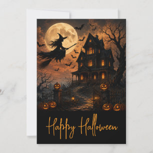 Invitation Sorcière effrayante d'Halloween volant au-dessus d
