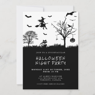 Invitation Sorcière effrayante Fête d'Halloween en noir et bl