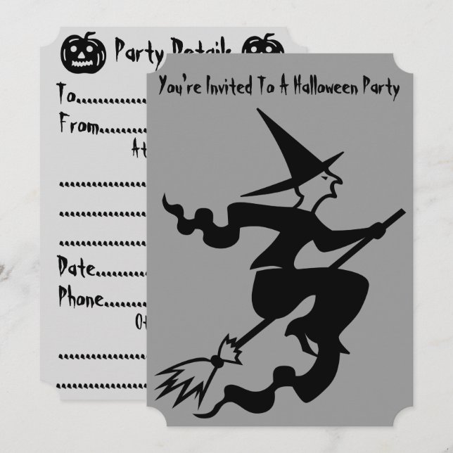 Invitation sorcière éffrayante sur l'avion broomstick fun fêt (Devant / Derrière)