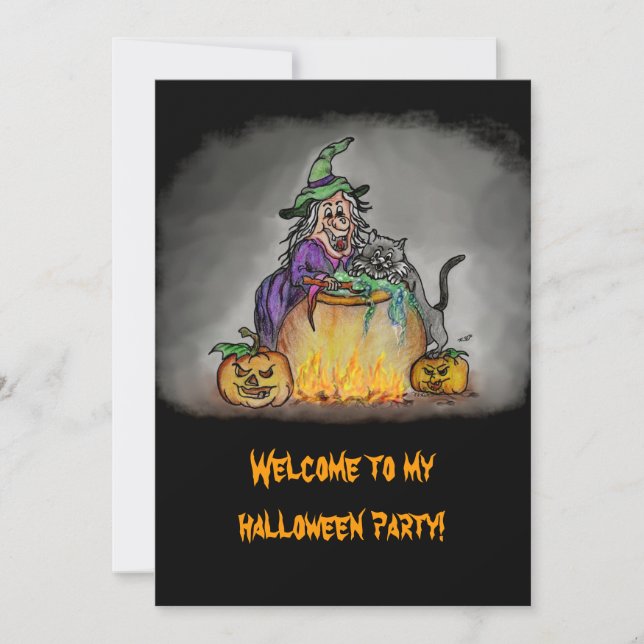Invitation Sorcière et chat, Joyeux Halloween ! (Devant)
