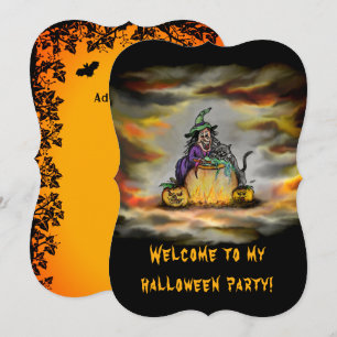 Invitation Sorcière et chat noir, Joyeux Halloween !