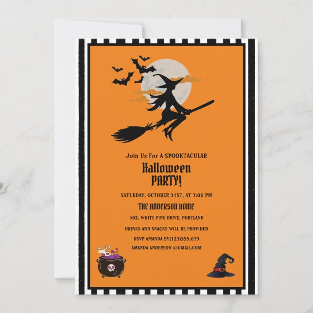 Invitation Sorcière et chauves-souris volantes Orange Hallowe (Devant)
