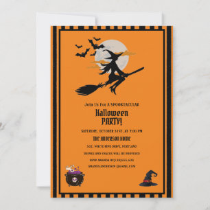 Invitation Sorcière et chauves-souris volantes Orange Hallowe