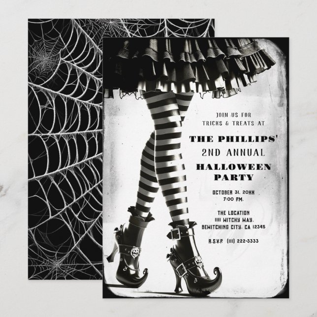 Invitation Sorcière gothique Jambes rayées Noir Blanc Hallowe (Devant / Derrière)