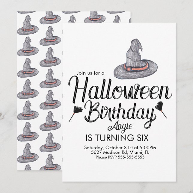 Invitation Sorcière Halloween Doodle Anniversaire (Devant / Derrière)