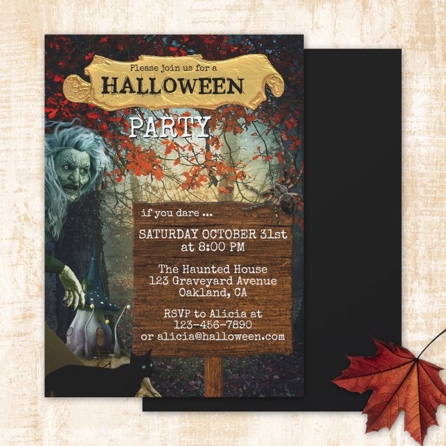 Invitation Sorcière Imaginaire Forêt Noire Fête d'Halloween (Halloween party invitation featuring a dark forest scene with a witch, fairy home, cat and spider)