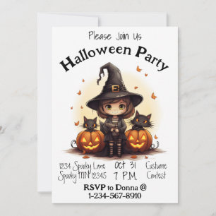 Invitation Sorcière mignonne avec Jack-o-lanterns et Kittens