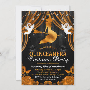 Invitation Sorcière noire et orange et rideau Shimmer Quincea