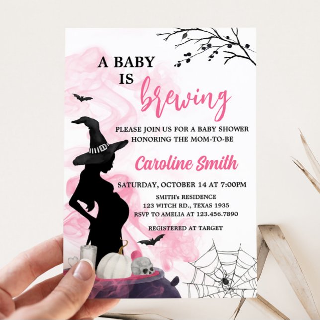 Invitation Sorcière rose Un bébé brasse du Baby shower (Girl Halloween Baby Shower Invitation)