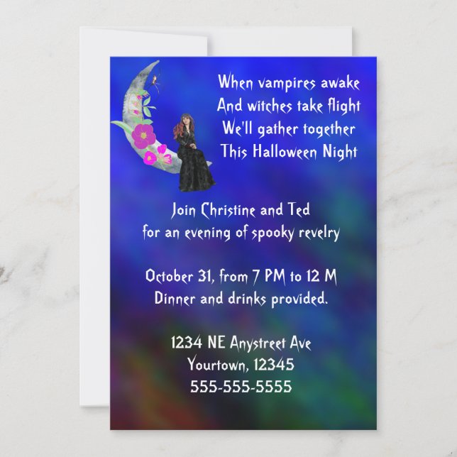Invitation Sorcière sur la Lune avec Fleur & Araignée Hallowe (Devant)