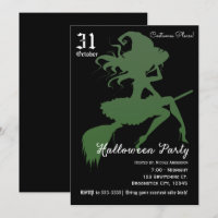 Sorcière verte balai volant fête d'Halloween