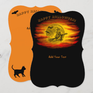 Invitation Sorcière volante avec chat noir, nuit halloween