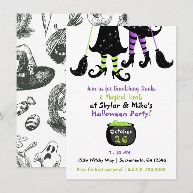 Invitation Sorcières Fantaisistes Fête de Sorcières Moderne H (Devant / Derrière)