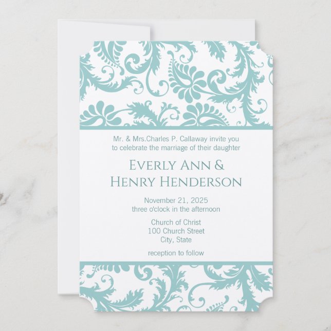 Invitation Soumis Mars 8 Aqua Blue Victorian Damask (Devant)