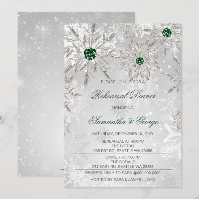 Invitation Souper de répétition hivernale Emerald Green Snowf (Devant / Derrière)
